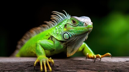 Fototapeta premium A stunning close-up of a vibrant green iguana displaying its impressive features, showcasing the intricate details of its scales and natural environment amidst greenery.