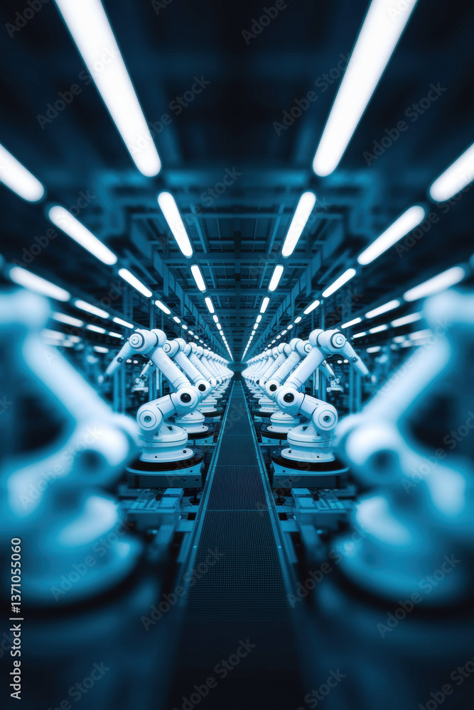 Poster futuristic robotics assembly line in cool blue tones with dynamic led lighting