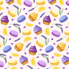 Desserts and lavender in a pattern.Vector seamless pattern with lavender, lemons and sweet desserts on a light background.