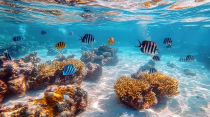 Sandy ocean floor with patches of coral, sea urchins, and small tropical fish.