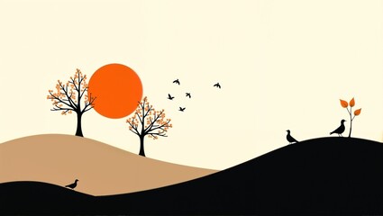 Minimalist Nature Art of Birds, Trees, and Sunset Silhouette