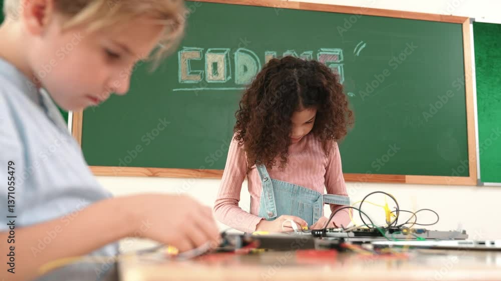 Poster diverse student working electronic board while laptop screen display coding engineering prompt and p