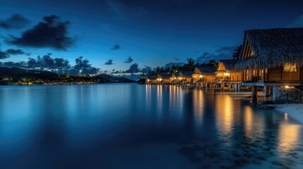 Fototapeta premium Scenic paradise featuring overwater bungalows stretching across the calm lagoon, glowing under soft twilight.