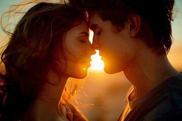 Sunset Silhouette: A Couple Embracing on the Beach at Close Range