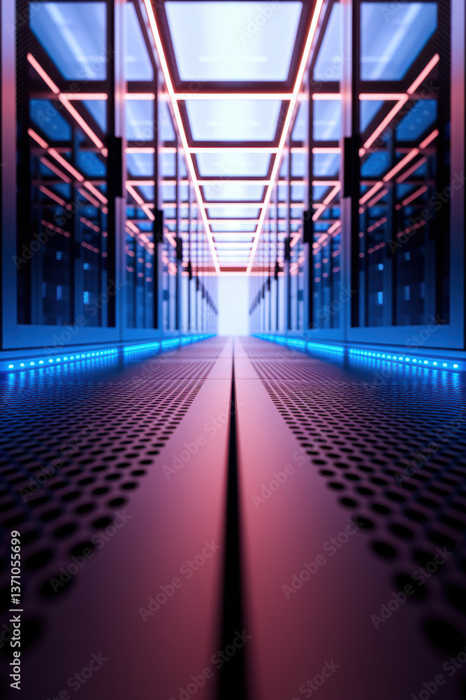 Aufkleber futuristic data center corridor illuminated with neon blue and red lights creating a high-tech atmos