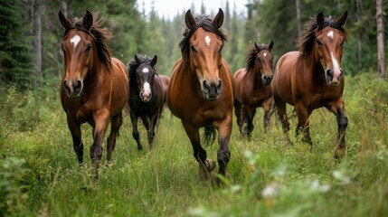 Fototapeta premium A captivating image of running horses in a lush green forest, symbolizing the beauty and wildness of nature while showcasing the dynamic movement of these horses.