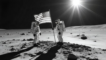 A historical representation of the first moon landing in 1969, showing astronauts planting the American flag on the lunar surface.