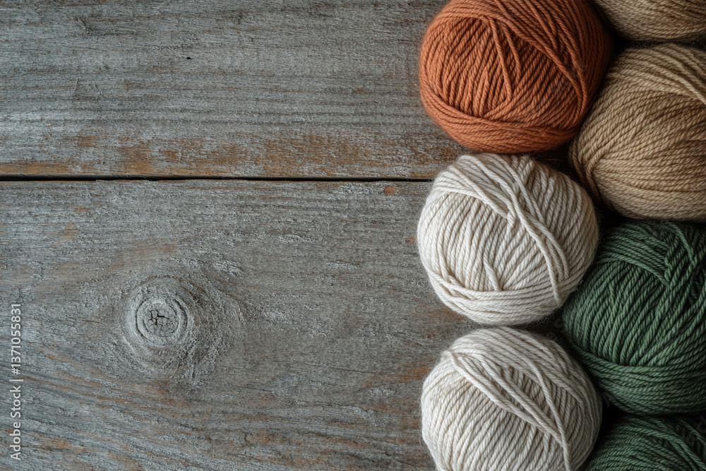 Poster several yarn balls in natural colors rest on a rustic wooden surface, leaving ample free space, idea