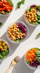 Colorful Chickpea Salad Bowls with Fresh Vegetables in Takeout Containers