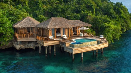 Naklejka premium Secluded wooden overwater villa, nestled between lush palm trees and vibrant coral reefs in a pristine island setting.