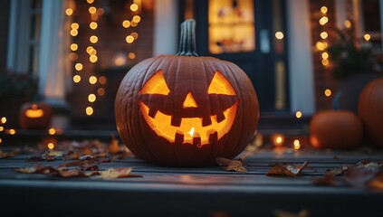 A glowing jack-o'-lantern sits on a porch, surrounded by fallen leaves and string lights.  Spooky season vibes!