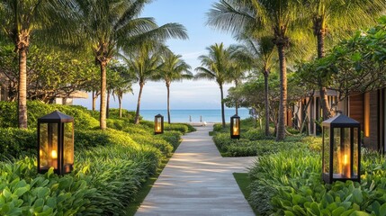 Serene beachfront resort walkway lit by lanterns, winding through tropical foliage towards the sea.