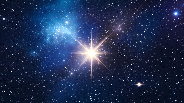 Bright star shining in the night sky, surrounded by a cosmic field of scattered light. Unseen Radiance. Illustration