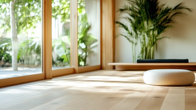 A tranquil meditation space featuring soft sunlight, natural wood flooring, and verdant plants that create a calming and inviting environment for mindfulness practices.