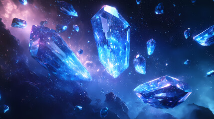 Obraz premium Glowing shards of bioluminescent crystal orbiting an unseen core, their movement slow and deliberate, casting ethereal reflections across the void. Unseen Radiance. Illustration