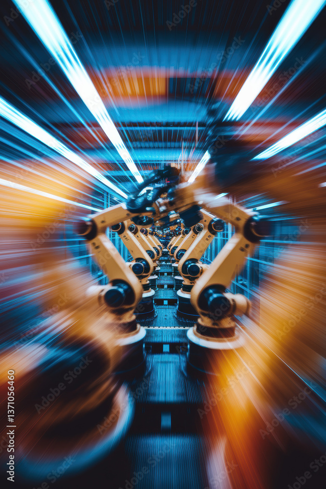 Poster dynamic high-tech robotics assembly line in futuristic blue light with motion blur