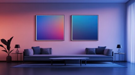 Modern living room, gradient art, evening ambiance, calm interior design, website banner