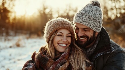 In a snowy landscape, a cheerful couple bundled in cozy winter clothing shares laughter and warmth, representing love and joy amidst the beauty of winter.
