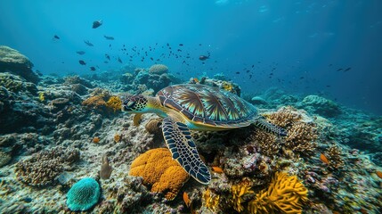 Obraz premium Shallow reef with diverse marine species, from bright parrotfish to elegant sea turtles.