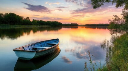 Small fishing boat floating on a calm lake at sunset, reflecting the warm hues of the sky.