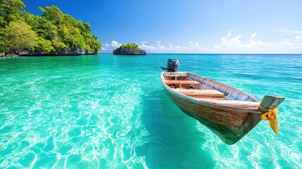 Naklejka premium A lone traditional wooden boat rests gently on calm turquoise waters, framed by lush greenery and an endless sky, symbolizing peace and the beauty of tropical nature.