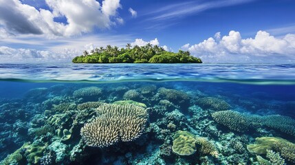 Fototapeta premium Small tropical island with coral reefs visible beneath the surface of the water.