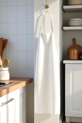 White Kitchen Apron Hanging on Wall Hook
Simple white apron hanging in a bright modern kitchen with ceramic tiles and wood accents. Cozy and functional kitchen textile.