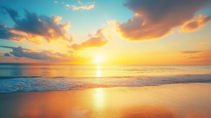 Obraz premium Stunning sunset over a paradise island beach, with vibrant sky reflections in calm ocean waves.