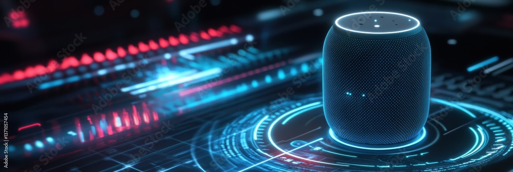 Poster futuristic purchase concept with voice assistant on interactive holographic platform and modern tech