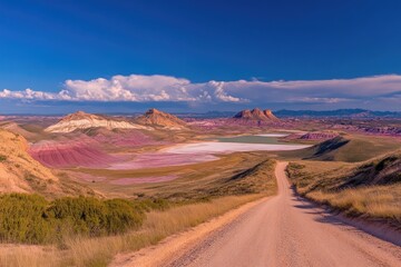 Fototapeta premium Desert road winding through colorful hills, with a salt lake in the valley