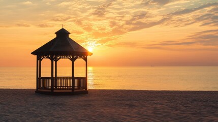 Sunlit beachside gazebo on a paradise island, overlooking a vast stretch of calm ocean.