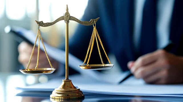 Lawyer drafting legal documents, confident professional in suit with scales of justice symbolizing fairness, room for text.