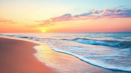 Fototapeta premium Sunset over a tropical beach with vibrant orange and pink hues reflecting off the gentle ocean waves.