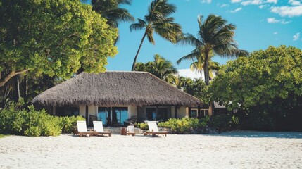 Thatched-roof bungalow at a beachfront resort, nestled between tropical palms and white sand.