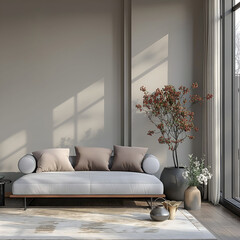Aesthetic beautiful elegant minimalist modern interior design. Clear mock up empty wall for decoration in the apartment. Copy space in the room.