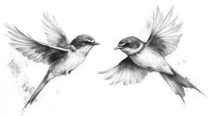 Obraz premium A rough pencil drawing, black and white, of two birds flying with long tails on their backs, against a plain background.