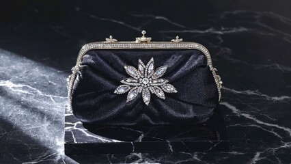 A black purse sits atop a smooth marble table, perfect for decorative or editorial use