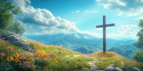Landscape featuring a wooden cross in a vibrant meadow with mountains in the background under a clear blue sky