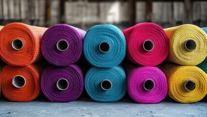 Colorful Rolls of Twine Stacked in a Warehouse Setting