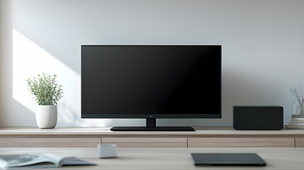 Modern Minimalist Tv On Wooden Shelf With Sunlight