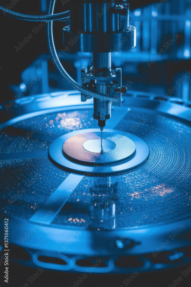 Poster high-tech precision engineering with automated machine in cool blue tones