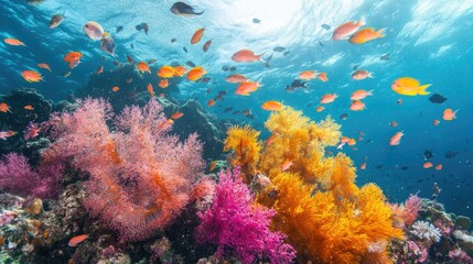 Fototapeta premium Vibrant coral reef ecosystem with diverse marine species and swaying sea fans.