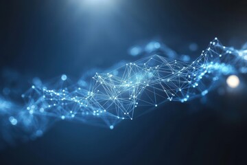 A glowing blue network of interconnected nodes in motion