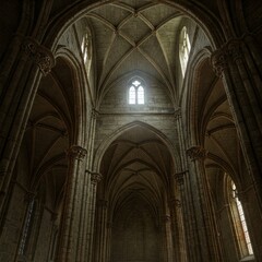 Interior of Gothic Cathedral with Arched Ceilings and Pillars