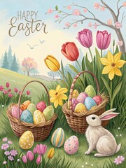 Charming Easter scene with a bunny next to baskets of colorful decorated eggs surrounded by spring flowers. The festive landscape captures the joy of the Easter season.