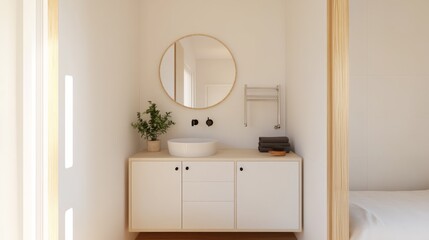 Tiny house minimalist bathroom with a small round mirror, space-efficient vanity, and functional design