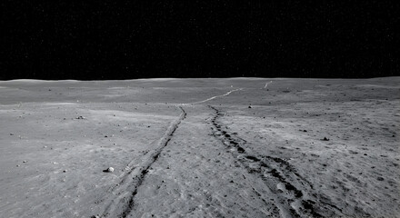 Lunar landscape featuring rover tracks and scattered starlight backdrop