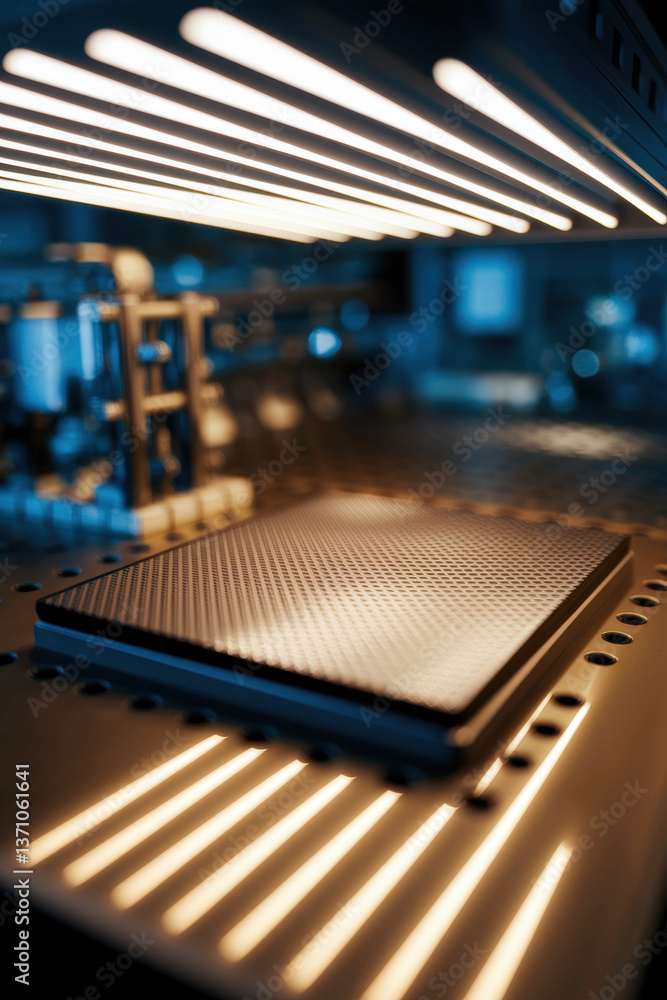 Poster sleek high-tech laboratory surface illuminated by soft blue lighting with a patterned plate