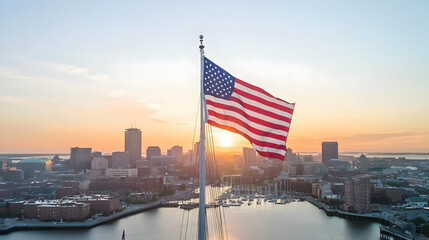 American Flag Over Boston Skyline At Sunset