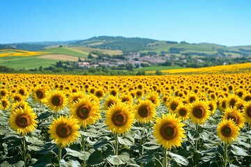 Obraz premium A vibrant field of sunflowers stretches to the horizon under a brilliant blue sky. The cheerful yellow blooms create a stunning contrast against the green landscape.